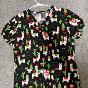 Festive Llama Print Scrub Top